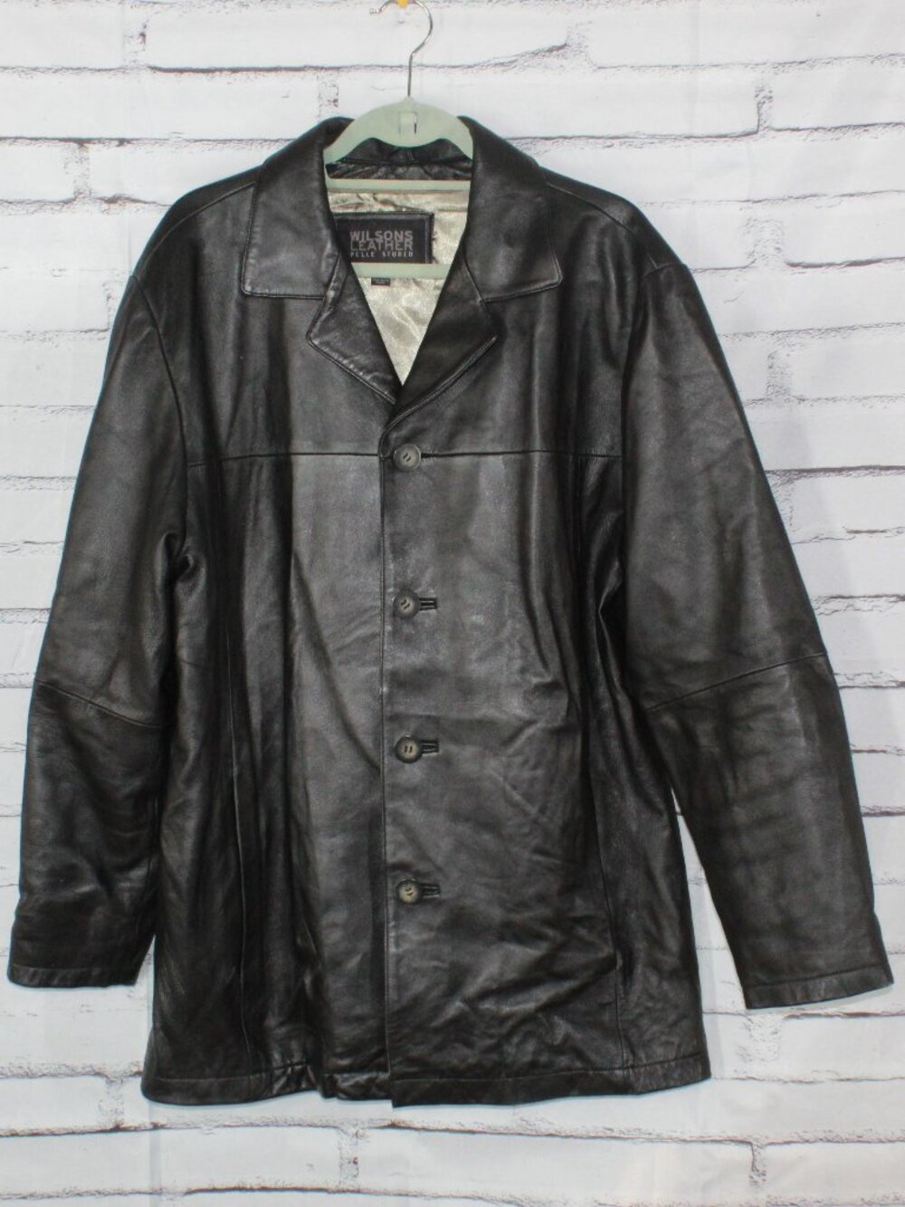 Wilsons Leather Men's Black Leather Thinsulate Button Front Lined Overcoat Large